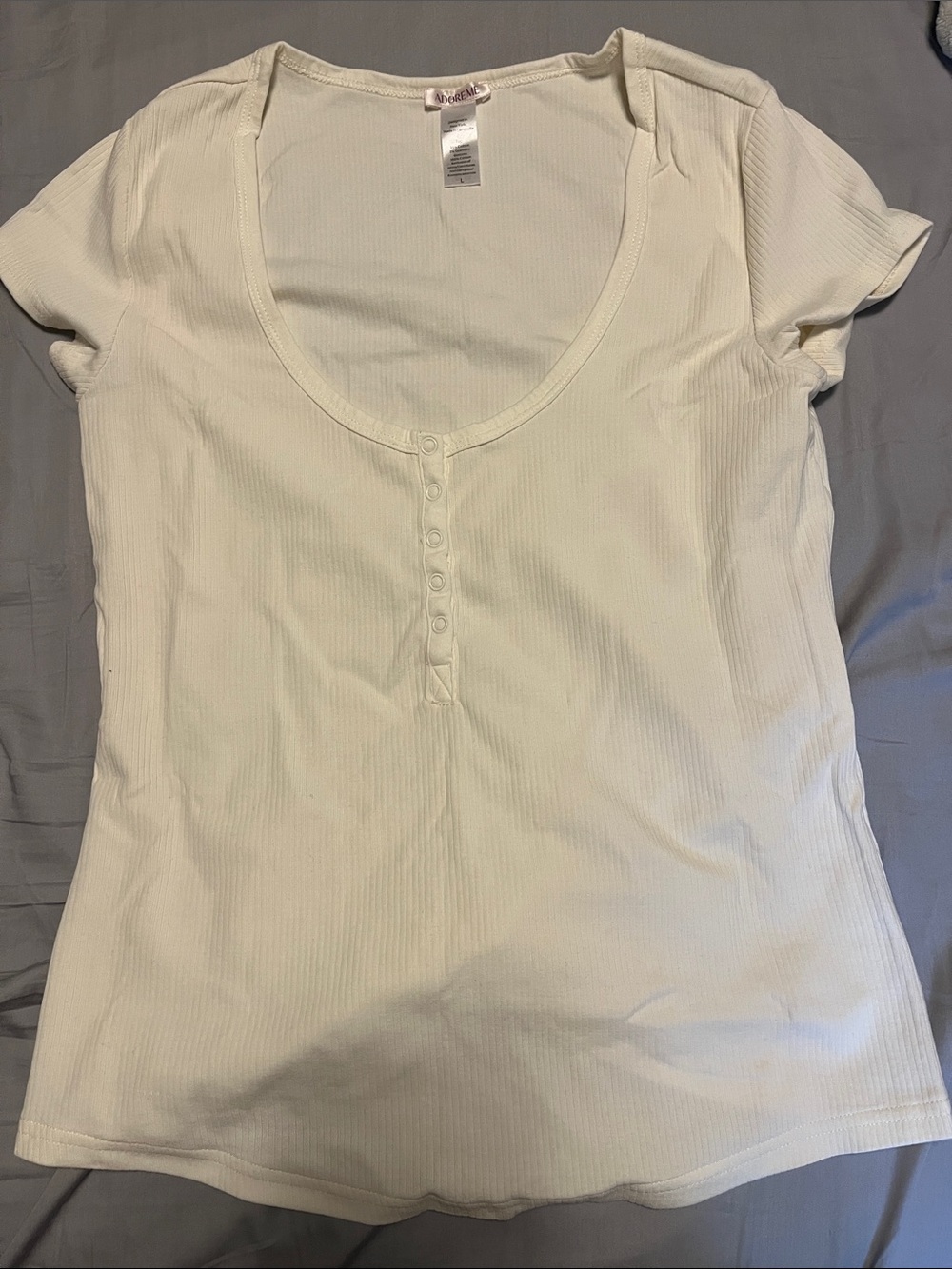 Adore Me Cream Ribbed Short Sleeve Scoop Henley Tee